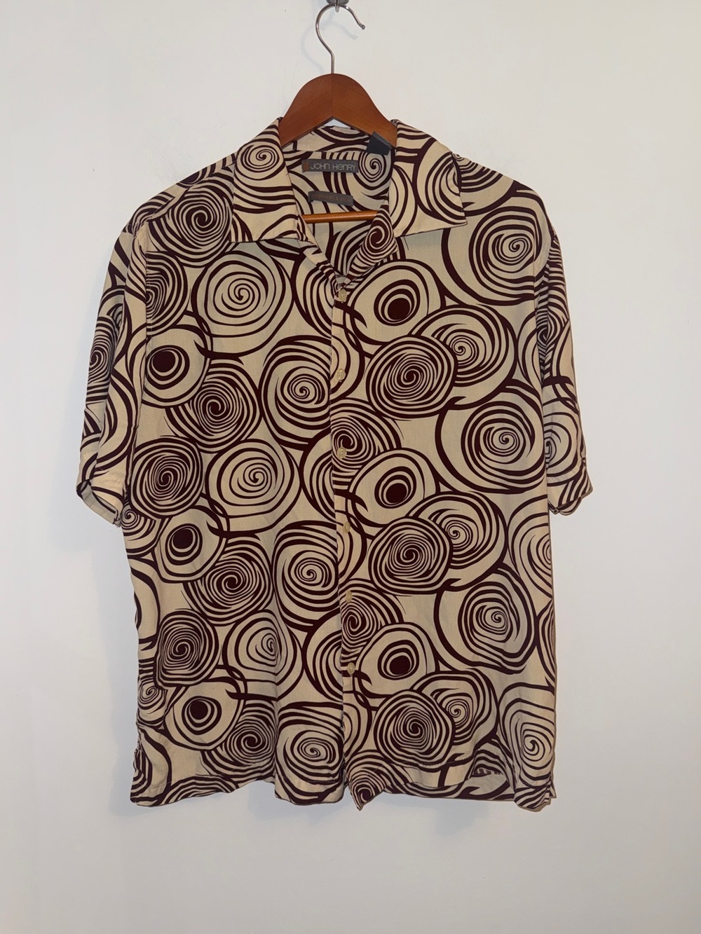 John Henry Washable Silk Abstract Swirl Camp Shirt Men’s XL Brown Cream Resort - Picture 3 of 12